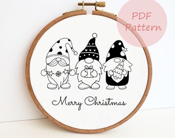 Gnome Merry Christmas PDF embroidery pattern, printable hand embroidery design, Christmas ornament home decor, beginner easy winter craft