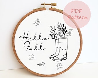 Autumn rain boot hand embroidery design, Hello fall embroidery pattern, fall leaves PDF pattern, autumn decor, beginner needlepoint pattern