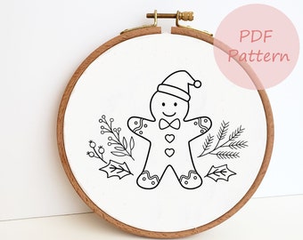 Gingerbread man hand embroidery design, Christmas ornament PDF embroidery pattern, modern embroidery art, Xmas home decor, winter DIY craft