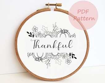 Split pumpkin printable PDF pattern, Thankful sunflower hand embroidery pattern, autumn home decor, needlepoint beginner, DIY fall craft