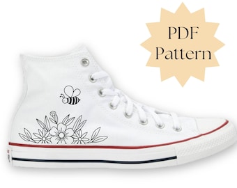 Flower bee embroidery pattern for canvas sneaker, DIY embroidery design on jean, trendy embroidery on clothing, beginner digital PDF pattern