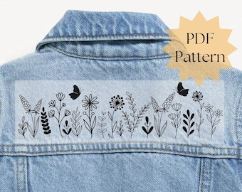 Jean jacket embroidery pattern, wildflower hand embroidery design, embroidery on clothing, embroidery template, printable stick and stitch