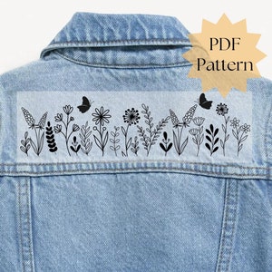 Jean jacket embroidery pattern, wildflower hand embroidery design, embroidery on clothing, embroidery template, printable stick and stitch