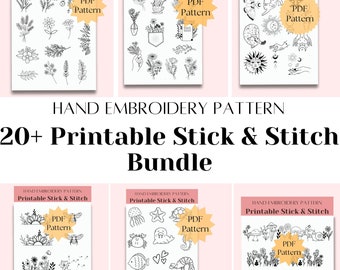 Printable stick and stitch bundle hand embroidery pattern, flower hand embroidery collection, embroidery on clothes, water soluble paper
