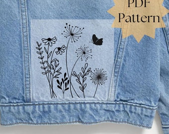 Denim jacket embroidery pattern, wildflower butterfly hand embroidery design, embroidery on clothing, printable stick and stitch, DIY gift