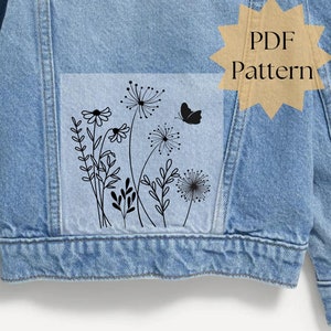 Denim jacket embroidery pattern, wildflower butterfly hand embroidery design, embroidery on clothing, printable stick and stitch, DIY gift
