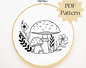 Broderimönster för svampar, broderi i PDF-format för vildblommor, handbroderidesign för nybörjare, broderimall, konst för svampbågar, gör-det-själv-mönster