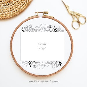 Modèle de broderie de cadre photo champignon fleur, modèle PDF de cadre photo, décoration automne, débutant en broderie, travaux manuels d'automne, 4 x 6, cadeau DIY