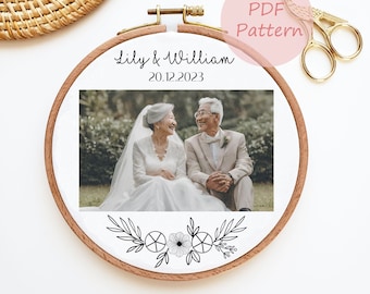 Schema PDF per ricamo cornice floreale 4x6, portafoto con ricamo a mano, regalo di San Valentino, regalo ricordo fai da te, ricamo facile