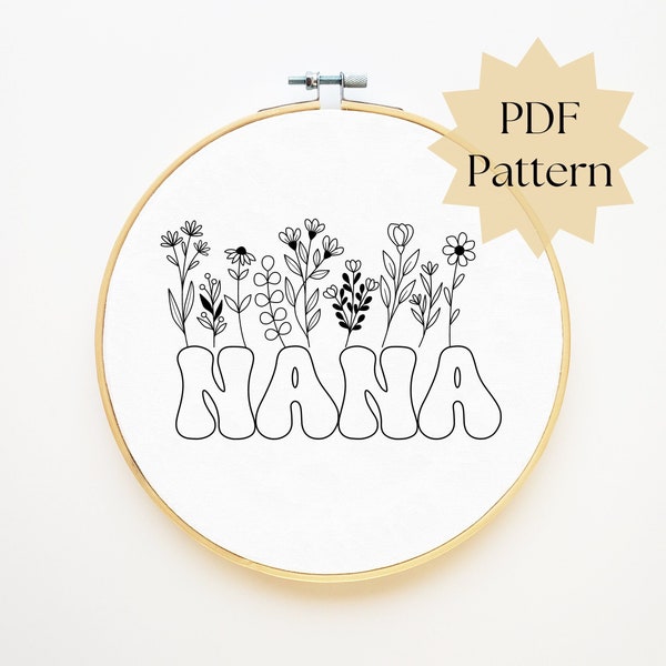 Wildflower embroidery pattern, NANA botanical hand embroidery design, DIY hand made gift, mothers day gift, beginner needlepoint PDF pattern