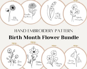 Birth month flower printable PDF pattern bundle, year of flowers embroidery pattern, floral hand embroidery design, DIY birthday gift, decor