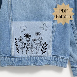 Jean jacket embroidery pattern, wildflower hand embroidery design, embroidery on clothing, embroidery template, printable stick and stitch