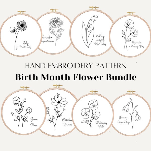 Birth month flower printable PDF pattern bundle, year of flowers embroidery pattern, floral hand embroidery design, DIY birthday gift, decor