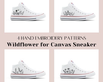 May include: Four hand embroidery patterns for canvas sneakers featuring a wildflower design. The patterns are in black ink on a white background.