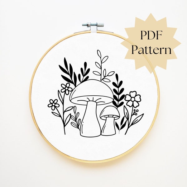 Mushroom embroidery pattern, flower embroidery PDF, beginner hand embroidery design, embroidery template, mushroom hoop art, DIY pattern