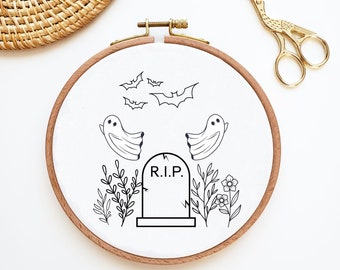 Spooky ghost hand embroidery design, RIP spider embroidery pattern, Halloween ghost printable PDF pattern, autumn home decor, DIY wall decor
