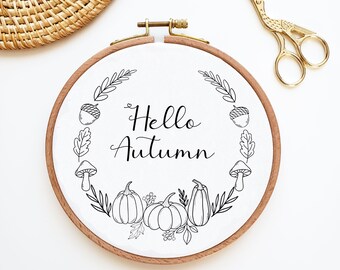 Mushroom autumn hand embroidery design, Pumpkin wreath PDF embroidery pattern, DIY fall decor, handmade gift, beginner easy digital pattern
