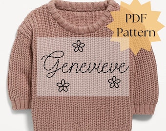 Personalized baby name embroidery pattern for sweater, DIY embroidery name sweater, hand embroidery PDF pattern, DIY baby birthday gift