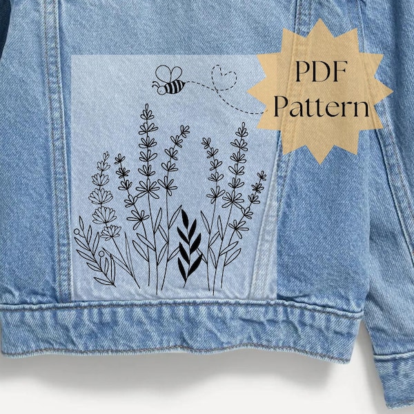 Denim jacket embroidery pattern, wildflower lavender bee hand embroidery design, embroidery on clothing, digital stick and stitch, easy DIY