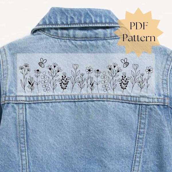 Wildflower field on denim jacket embroidery pattern, hand embroidery design, embroidery on clothing, stick and stitch PDF, DIY handmade gift