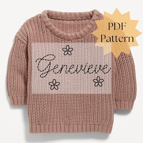 Modèle personnalisé de broderie de nom de bébé pour le pull, pull de nom de broderie bricolage, modèle PDF de broderie à la main, cadeau d'anniversaire de bébé bricolage