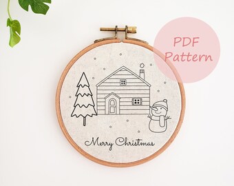 Winter Haus Stickmuster, Weihnachtsbaum, Schnee Haus Stickdatei PDF Muster, Frohe Weihnachten Handstickerei Design, Weihnachts Wohnkultur