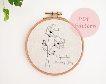 Patrón de bordado del mes de nacimiento de septiembre, diseño de bordado a mano de flor de gloria de la mañana, patrón PDF imprimible, decoración de pared de bordado, bricolaje