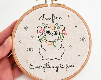 Funny ornament PDF pattern, everything is fine embroidery pattern, cat Christmas ornament hand embroidery design, Christmas embroidery PDF