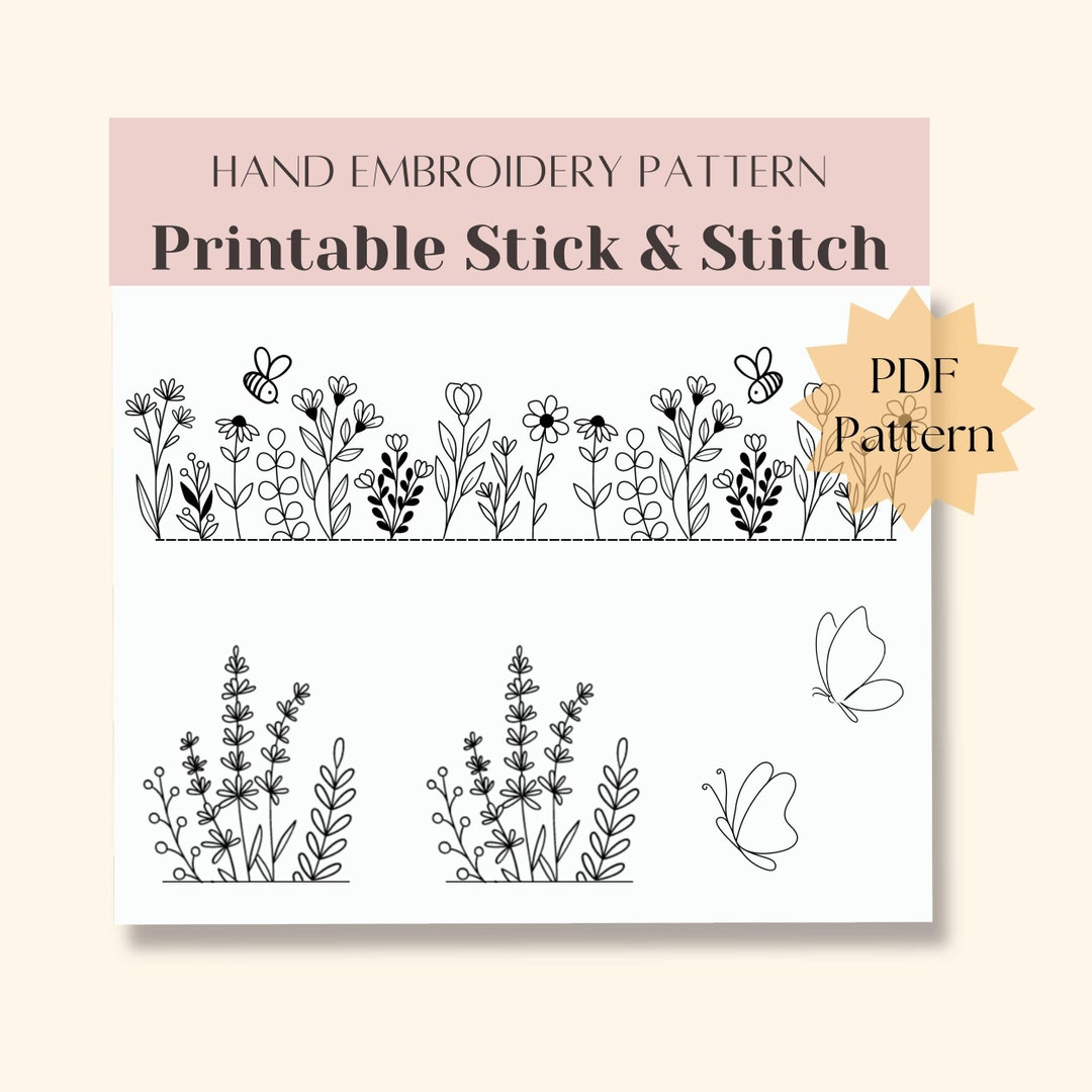 Printable Stick and Stitch on Back of Jean Jacket, Shoes, Wildflower PDF Digital Hand Embroidery ...