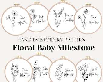 May include: A collection of eight embroidery hoops with floral designs, each labeled with a month from one to eight. The text "HAND EMBROIDERY PATTERN" and "Floral Baby Milestone" are also displayed.
