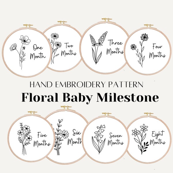 Wildflower baby milestone embroidery pattern, monthly floral hand embroidery design, PDF pattern, newborn nursery photo, DIY monthly marker