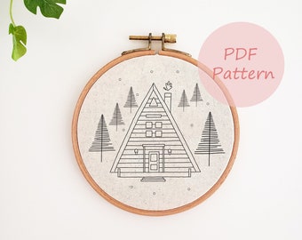 Winter Hütte Stickmuster, Weihnachtsbaum, Schneehaus Stickmuster, PDF Muster, Handstickerei, Stickmuster zum Selbermachen