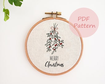 Mistletoe embroidery pattern, Christmas ornament PDF pattern, mistletoe hand embroidery design, Merry Christmas embroidery hoop, Xmas decor