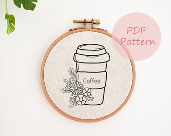 Flower coffee cup embroidery pattern, coffee hand embroidery design, embroidery PDF pattern, embroidery template, beginner floral embroidery