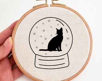 Cat and magic globe embroidery PDF pattern, black cat Christmas ornament embroidery pattern, cat hand embroidery design, ornament pattern
