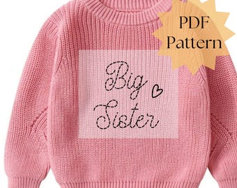 Big sister PDF embroidery pattern for kid clothes, embroidery on sweatshirt, sweater using yarn, DIY baby gift, printable stick and stitch