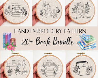 Book embroidery pattern bundle, Book stack cat embroidery, Book quote embroidery design, Floral wildflower embroidery, Bookworm PDF pattern