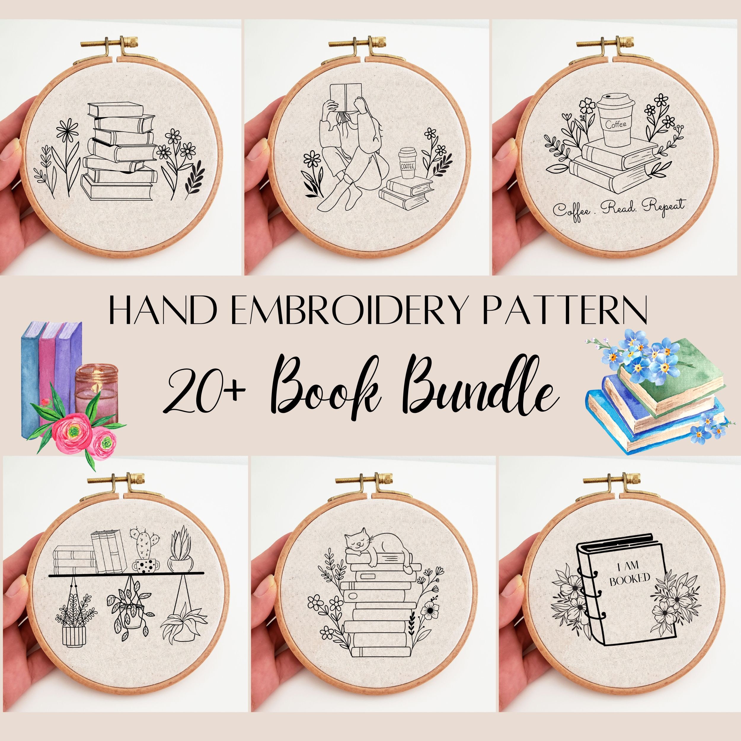 Book Embroidery Pattern Bundle, Book Stack Cat Embroidery, Book Quote ...