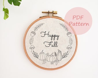 Fall wreath PDF embroidery pattern, happy fall hand embroidery design, pumpkin, mushroom, nut embroidery pattern, beginner embroidery pdf