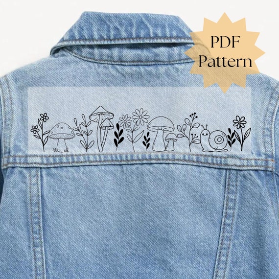 Mushroom Snail on Jean Jacket Embroidery Pattern, Hand Embroidery