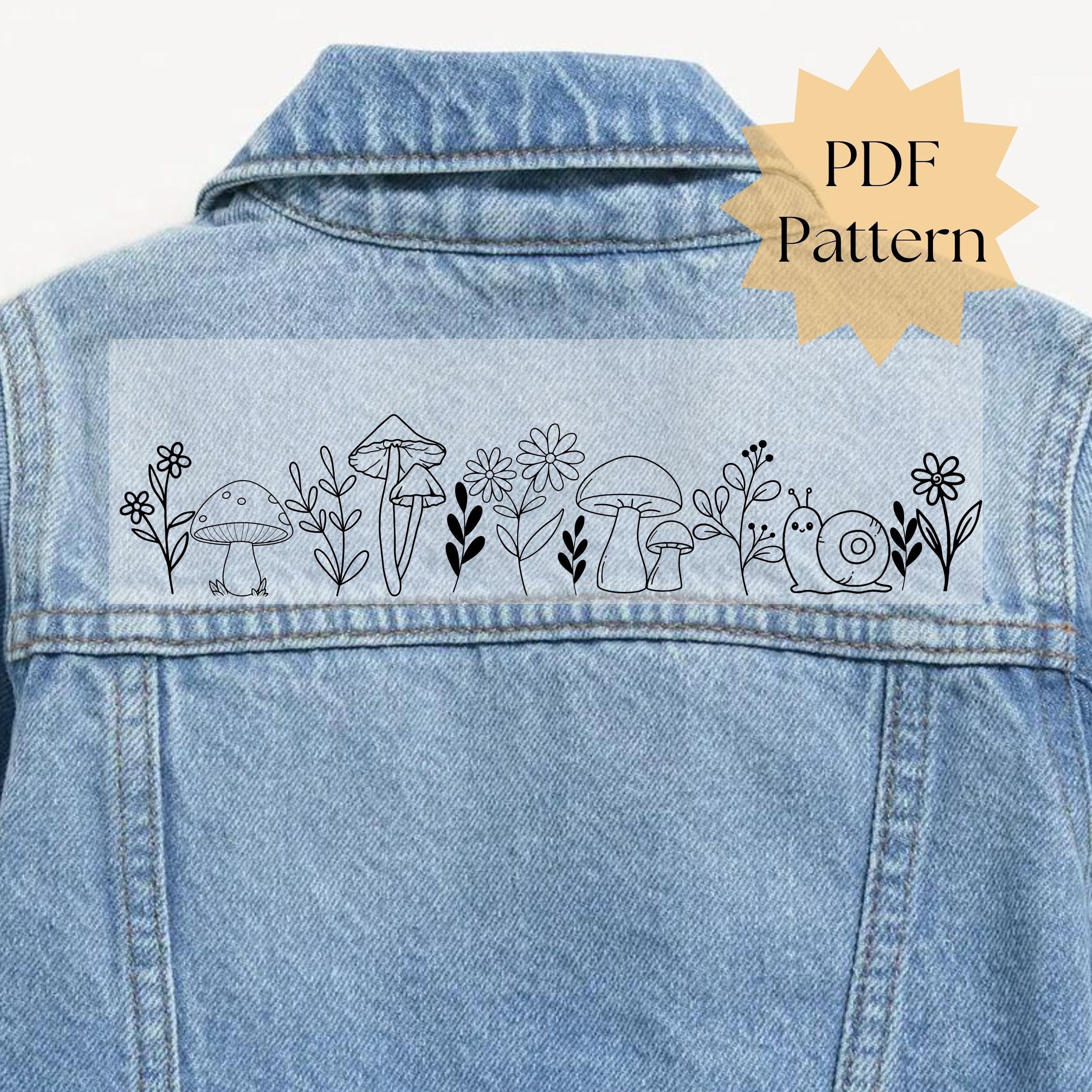 Mushroom snail on jean jacket embroidery pattern, hand embroidery design, embroidery on clothing, stick and stitch PDF, DIY handmade gift