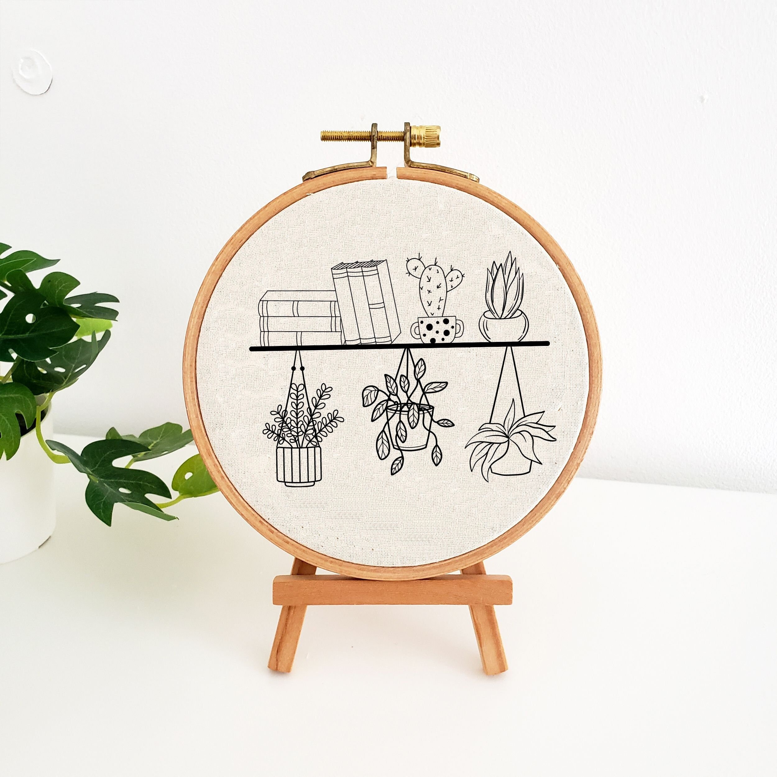 Bookshelf and House Plant Embroidery Pattern, Book PDF Pattern, Hanging ...