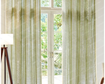 Groene bohogordijnen, gehaakt gordijn, vintage gordijn, draperie in landelijke stijl, maat gordijnen aanpassen