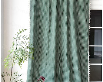 Groen bohogordijn, linnen gordijnpaneel, vintage gordijn, gordijnen in landelijke stijl, gordijnen voor woonkamer en slaapkamer, gordijnen aanpassen
