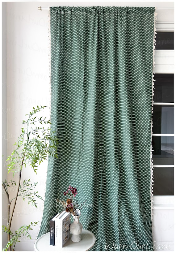 Grüner Boho Vorhang, Leinenvorhang, Vintage Vorhang, Vorhänge im Landhausstil, Vorhänge für Wohn- und Schlafzimmer, Vorhänge besonders anfertigen