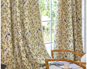 Cortina de lino con diseño de pájaros y flores, estilo rústico, para sala de estar y dormitorio, personalizable.