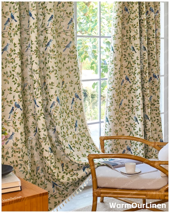 Floral Bird Curtain, Farmhouse Drapery, Linen Curtain Panel for Living Room and Bedroom, Customize Size Curtains