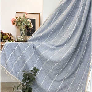 Greyish Blue Boho Curtain, Linen Curtain Panel, Countryside Style Drapery, Curtains for Living Room and Bedroom, Customize Size Curtains