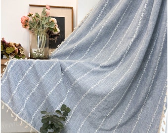 Greyish Blue Boho Curtain, Linen Curtain Panel, Countryside Style Drapery, Curtains for Living Room and Bedroom, Customize Size Curtains