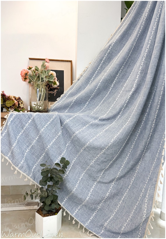 Blue Boho Curtains, Crochet Curtain Panel, Retro Countryside Drapery, Customize Size Drapes